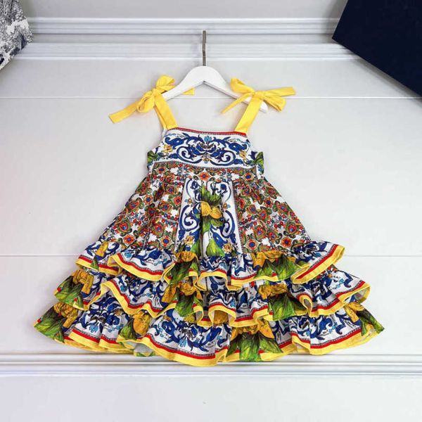 23ss Diseñador de la marca Vestido halter Arco vinculante vestido de niños vestidos estampados Neri Faldas de algodón puro vestidos de niñas Falda para niños Ropa de bebé a1