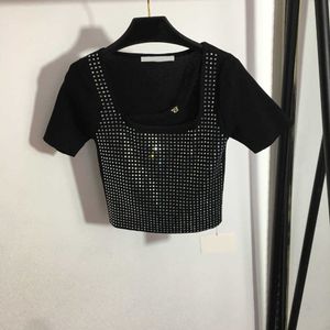 23ss designer merk vrouwen Gebreide korte mouw Sparkly hot boor vierkante kraag korte mouwen trui top Hoge kwaliteit dameskleding