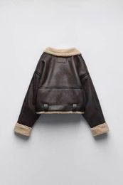 23ss diseñador otoño / invierno chaqueta de lana de doble cara para mujer abrigo marrón traje de máquina de automóvil chaqueta de cuero XS-L