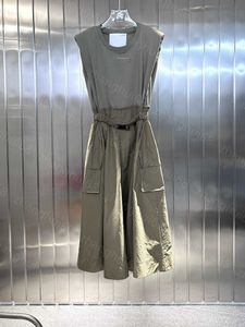 23SS Designer Robes d'été Femmes Col rond Patchwork Grande poche Outillage Ceinture élastique Gilet sans manches Robe Vêtements pour femmes