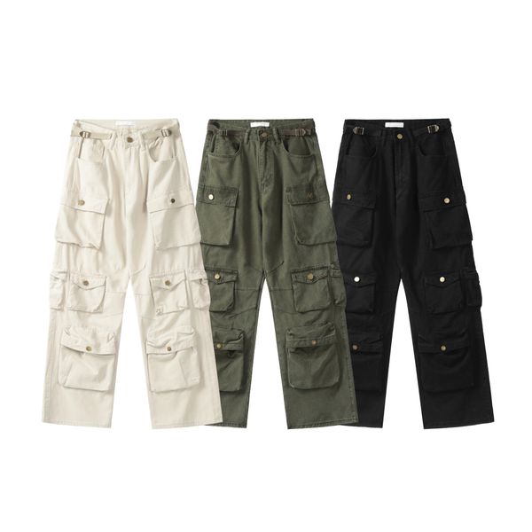 23ss diseñador vintage ejército verde pantalones de carga hombres pierna recta suelta multi-bolsillo pantalones de pierna ancha pantalones de viento hombres