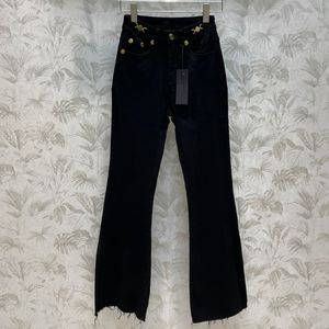 23SS FW dames designer jeans broek met metalen letter knoppen meisjes katoen vintage high -end Milan runway merk cowboy casual outdyar Black denim lange flare broek
