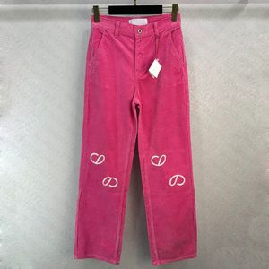 23SS Fw Pantalones de diseñador para mujer con letras bordadas Niñas Vintage High End Milan Runway Brand Casual Outwear Rose Pink Cotton Pana Pantalón recto largo