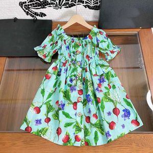 23ss filles Habillez des vêtements de créateurs pour enfants Robe de princesse Robe à manches courtes Serrez les poignets Bouton à la taille Impression de radis Robes chemise jupes vêtements pour enfants