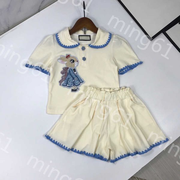 23SS Girls T-shirt Short Suit Kids Designer Vêtements Kids Kids Set Lapel Rabbit broderie