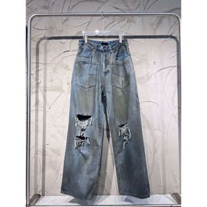 23SS Hoge versie B Familie herfststijl unisex paar rechte been gescheurde brede modieuze jeans