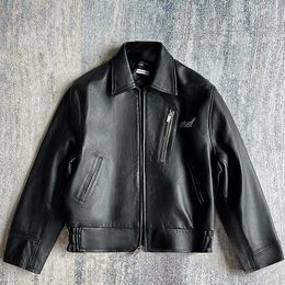 23ss jaqueta para homens de alta qualidade streetwear casaco feminino turndown colarinho curto zíper jaqueta couro