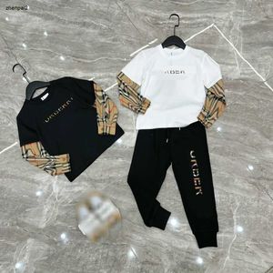 kids designer clothes baby tracksuits boys plaid Mosaic letter logo Sweater fake two tops elasticated waist trousers child Round neck hoodie and sports pants