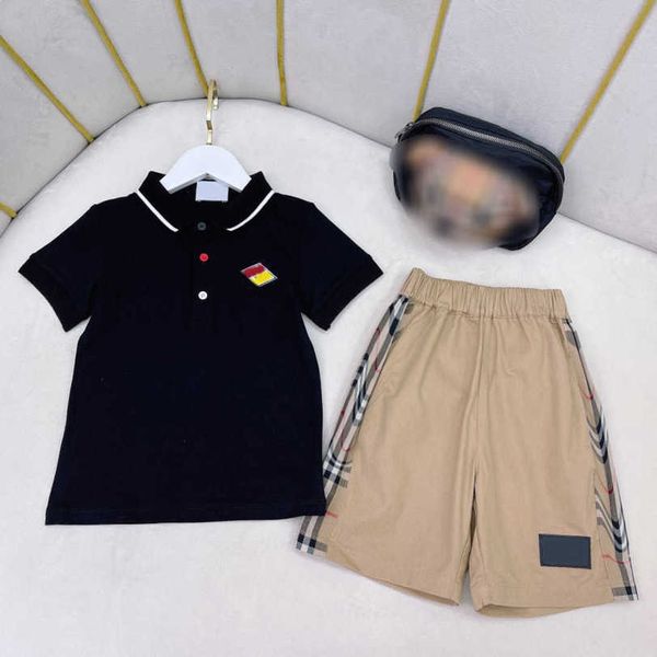 23ss enfants ensemble garçons polo short costume enfants vêtements de marque revers logo broderie t-shirts à manches courtes shorts d'épissage en treillis costumes vêtements de bébé de haute qualité a1