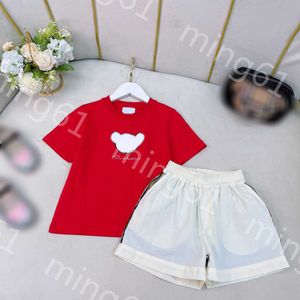 23ss kids set jongens t-shirt Shorts pak kids designer kleding Ronde hals Puur katoen Bear logo print T-shirts met korte mouwen Lattice splicing shorts past bij babykleertjes