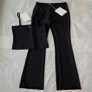 23SS Lace Women Designer Twee-delige broek Sets met letters Button Girls Milan Runway Out-Weer Camisole T-shirt Crop Tops Vest en Flaar La Vared Pants Long Legging Suit
