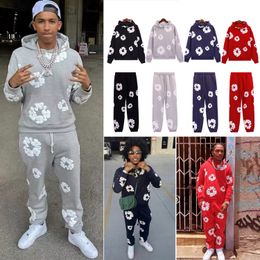 23ss homens denim equipes treino hip hop estilo polar rap manga comprida com capuz e calças calças esportivas para homem e mulher