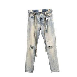 23SS hommes USA lavé trous cassés Denim pantalon Long ruban Patchwork jean haute rue pantalons bas Mar 8th2738