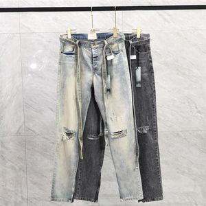 23SS Hommes USA Lavé Trous Cassés Denim Pantalon Long Ruban Patchwork Jeans High street Pantalon Bottoms206M