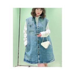 23SS New Designers femmes robe triangle poche ceinture taille revers sans manches denim Casual Hip Ho robe Streetwear Taille S -L