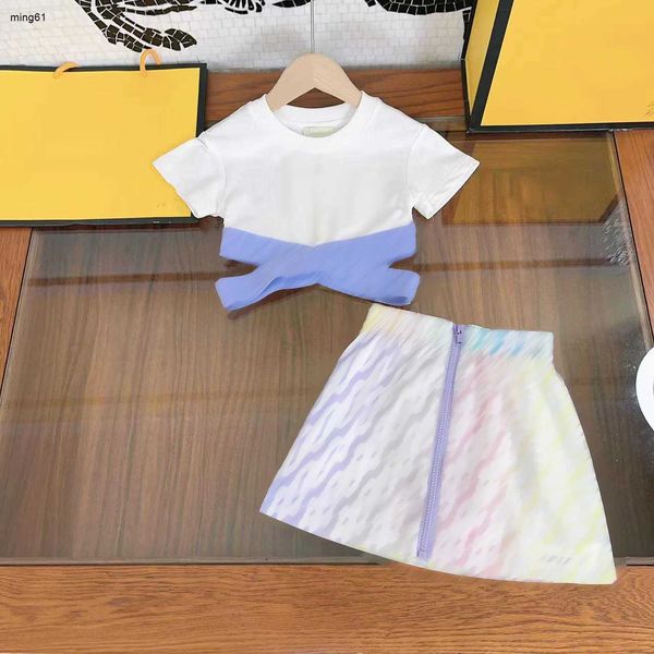 conjunto de saia conjuntos infantis crianças roupas de grife meninas cintura nua emenda de fita camiseta gradiente cor iridescente zíper saias de cintura elástica terno roupas de bebê