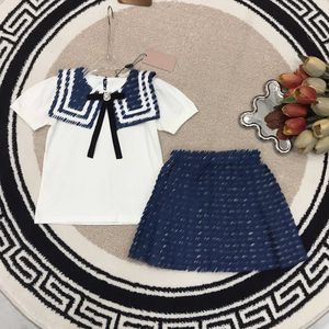 23ss rok set kids designer kleding kid sets meisjes Puur katoen Navy revers logo printen T-shirt met korte mouwen Geplooid chiffon rokpak Hoge kwaliteit babykleertjes