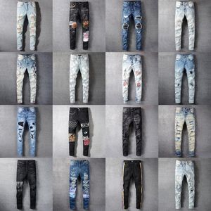 23SS stapel gestapelde jeans Europese paarse jeans voor heren quilten gescheurd voor trendmerk vintage pant heren vouw slanke mager
