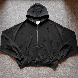 23SS Streetwear Cardigan surdimensionné endommagé sweat à capuche zippé hommes femmes noir pulls à capuche