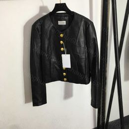 23ss chaqueta de cuero para mujer ropa de diseñador para mujer Hebilla de oro de una sola fila 100% cuero de oveja importado abrigo de cuero cuello redondo abrigo de manga larga Ropa de mujer