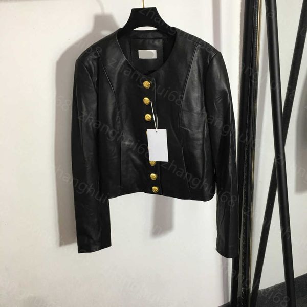 23ss veste en cuir pour femmes vêtements de créateurs pour femmes boucle en or à une rangée personnalisée 100% manteau en cuir de mouton importé manteau en cuir à manches longues col rond vêtements pour femmes