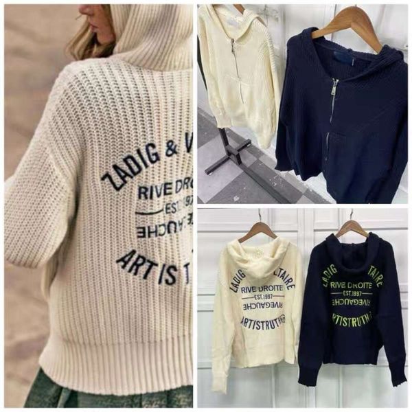 23ss Zadig Voltaire Diseñador Suéter Abrigos Moda Sudadera con capucha Suelta Clásico Versátil Letra Bordado Cremallera Lana Punto Cardigan Casual Con Capucha Mujer Suéter