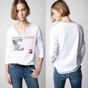 23SS Zadig Voltaire Print Tshirt Designer Hot Diamond Digital U-Check Camiseta curva de manga larga para mujeres