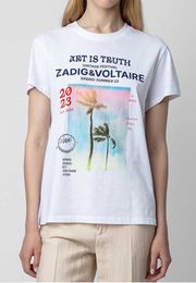 23SS Zadig Voltaire Coton d'été Nouveau créateur T-shirt Coconut Tree Landscape White Ink Printing Digital Hot Diamond Femmes Couvures de mode à manches courtes