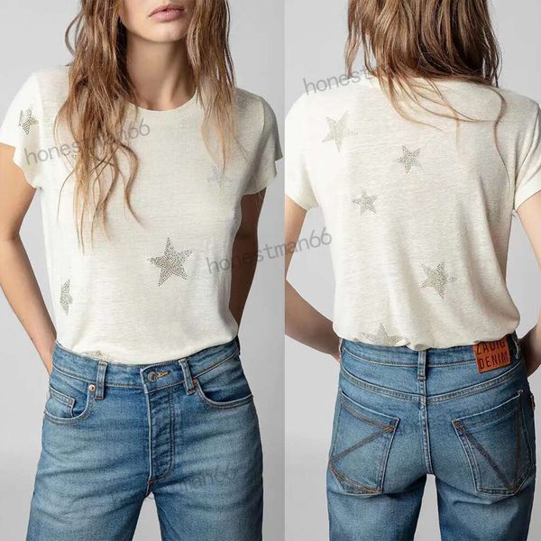 23SS Zadig Voltaire Top Mujer Diseñador Moda Camiseta de algodón Nuevo Zadigs patrón de estrella Lino de perforación en caliente Cuello redondo Camisetas de manga corta Dos colores Camisetas de playa