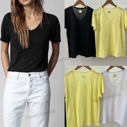 23SS Zadig Voltaire Diseñador de mujer Moda Camiseta de algodón Nuevo Zadig tops color puro en todo el lino de diamante caliente Con cuello en v Camiseta de manga corta Camisetas de playa