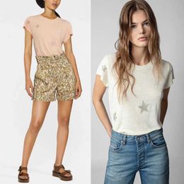 23SS Zadig Voltaire vrouwen Designer T -shirt Zomer Katoen Nieuw sterrenpatroon Hot boren Linnen Ronde Nek Korte mouw T -stukken Twee kleuren