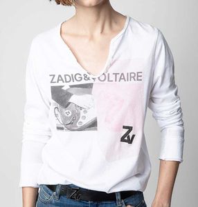 23ss Zadig Voltaire Femmes Designer T-shirt Nouvelle Guitare Imprimer Hot Diamond Digital U-cou Ourlet Courbé Mode Coton Hauts À Manches Longues