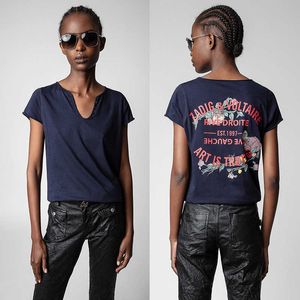 23ss Zadig Voltaire Femmes Designer T-shirt D'été Coton Nouvelles Lettres Classiques Derrière La Fleur Chaude Diamant U-cou Tops À Manches Courtes Pour Femmes