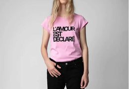 23ss Zadig Voltaire Diseñador de mujeres Camiseta Letra inglesa Lema Imprimir Camisetas Hot Diamond Slim Fit Camiseta de manga corta