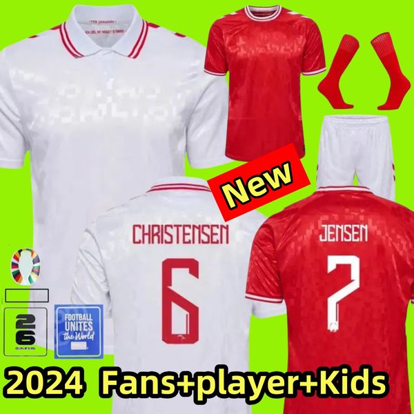 24 25 Danemark Soccer Jerseys Euro Cup Christensen Jensen Eriksen 2024 2025 Équipe nationale Accueil Rouge Blanc Hommes Enfants Kit Ensemble complet Chemise de football Uniforme