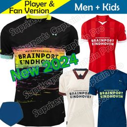 24 25 Eindhoven weg voetbaltruien Xavi Kids Men Black Kits 2024 2025 Hazard Fabio Silva Home Mannen Kids It Football Shirts Kids Set Top volwassen kits Xavi 10 de Jong Gakpo