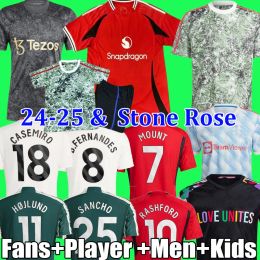 24 25 maillots de football Mount Rashford Stone Roses 2024 AMRABAT HOJLUND CASEMIRO GARNACHO ANTONY MARTINEZ SANCHO B. FERNANDES WEGHORST maillot de football kit enfants