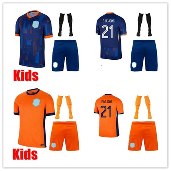 24 25 Países Bajos Kits Kits Football Jerseys 2024 2025 Camiseta de jersey de fútbol del equipo nacional holandés Kit para niños Full Set a casa Memphis Xavi Gakpo