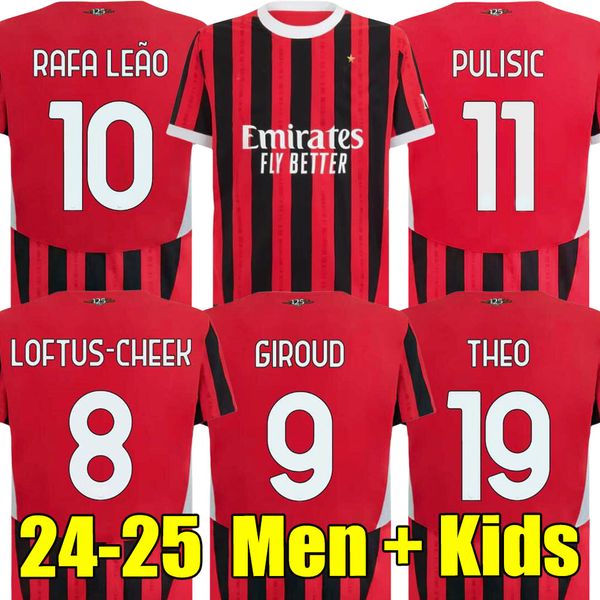 24 25 Jerseys de fútbol Pulisic Giroud AC Rafa Leao Milans Loftus-Cheek Jovic Home Away Men Kids Kit Reijnders 2024 2025 Camisa de fútbol