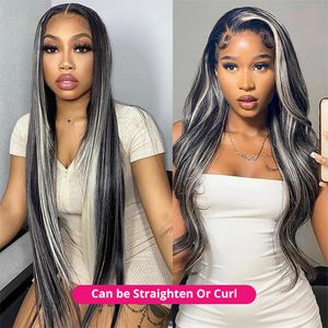 24/32 Inch Grey Long Highlight Human Hair Wig Ombre Transparent HD Lace Front Wig 13x4 Curly Hair Women's Natural Hairline Fakeseamless natural Precut