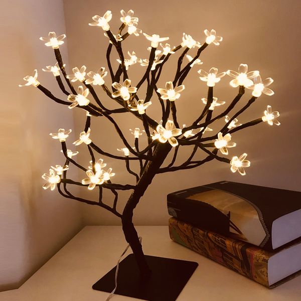 24/36/48 LED USB Cherry Plum Blossom Tree Light Lampade da tavolo Luce notturna per la casa Camera da letto interna Festa di nozze Bar Decorazione Y200903