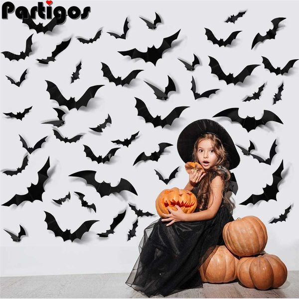 24/48 pièces Halloween décoration 3D noir PVC chauve-souris fête bricolage décor Bar salle effrayant décos accessoires autocollant mural Y0730