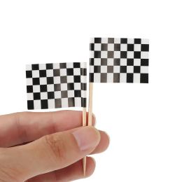 24/48PCS Racing Flag Toothpicks Geroolde vlag Picks voorgerecht tandenstokers fruitsticks voor cocktailparty - zwart en wit