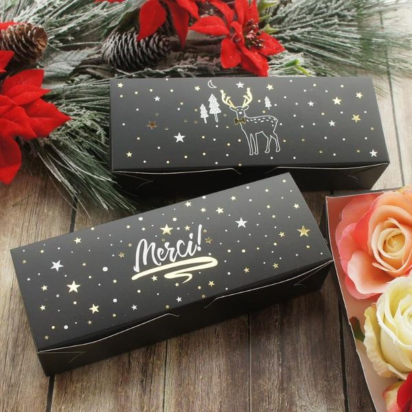 Envoltura de regalo 24 * 9 * 5 cm 10 unids Black Gold Elk Merci Design Caja de papel Galleta Chocolate Jabón Vela Fiesta de Navidad DIY Regalos Embalaje