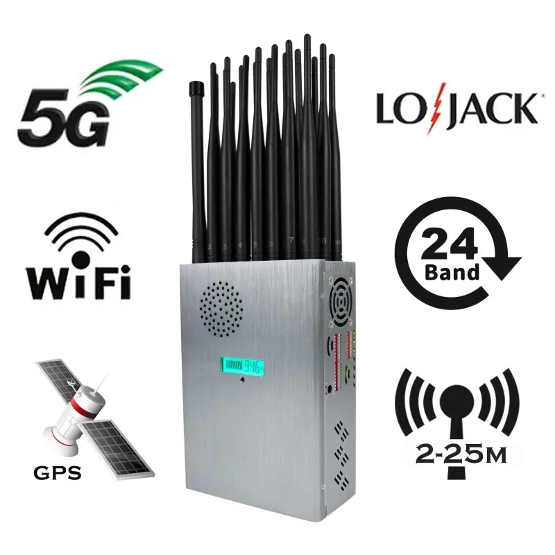 24 Antenas Handheld Signal Jamm ER pode cobrir todos os telefones celulares 2G 3G 4G 5G WiFi GPS Handheld 24W 5G Celular Signal Signal Distão de até 25m