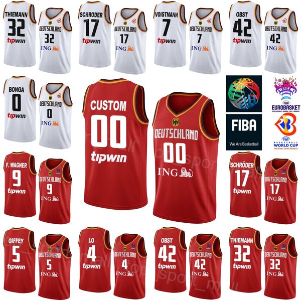 Maillot de basket-ball imprimé Allemagne Coupe du monde 2023 17 Dennis Schroder 42 Andreas Obst 32 Johannes Thiemann 4 Maodo Lo 10 POWER FORWARD