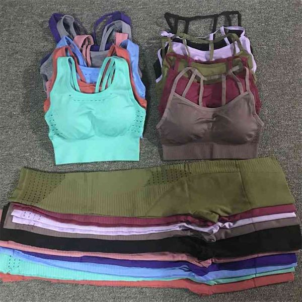 24 colores, 2 unid/set, trajes deportivos, conjunto de Yoga sin costuras, ropa de Fitness para mujer, mallas de gimnasio, Sujetador de tiras con realce acolchado 210802