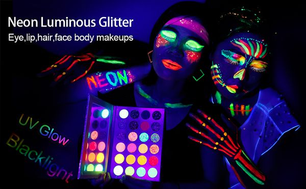 Palette de fards à paupières Glow 24 couleurs Stage Clubbing Neon Makeup Kit in Blacklight UV Glow in the Dark Fluorescent Eye Shadows