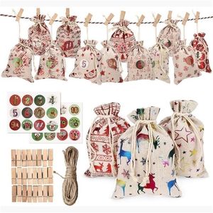 24 petits sacs en tissu décoratifs suspendus calendrier de l'avent Noël coton lin sac ensemble sac cadeau de Noël 201017