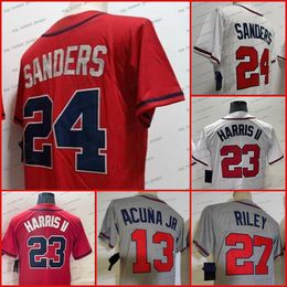 24 Deion Baseball Jersey 23 Harris II 27 Riley Acuna Jr. Gris Rouge Blanc Hommes Cousu Baseball Jerses Brodé 2023 Nouveau